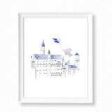 Nursery Watercolor Painting Baby Elephant Exploring Castle - Art Print