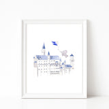 Nursery Watercolor Painting Baby Elephant Exploring Castle - Art Print