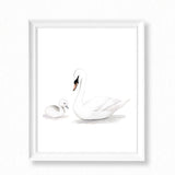 Swan and Baby Duckling Watercolor Painting - Art Print