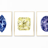 Watercolor Gemstone Paintings - Set of 3 - Sapphire Amethyst Yellow Diamond