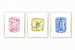 Watercolor Gemstone Paintings - Set of 3 - Pink, Blue, and Yellow Diamond