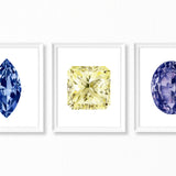 Watercolor Gemstone Paintings - Set of 3 - Sapphire Amethyst Yellow Diamond