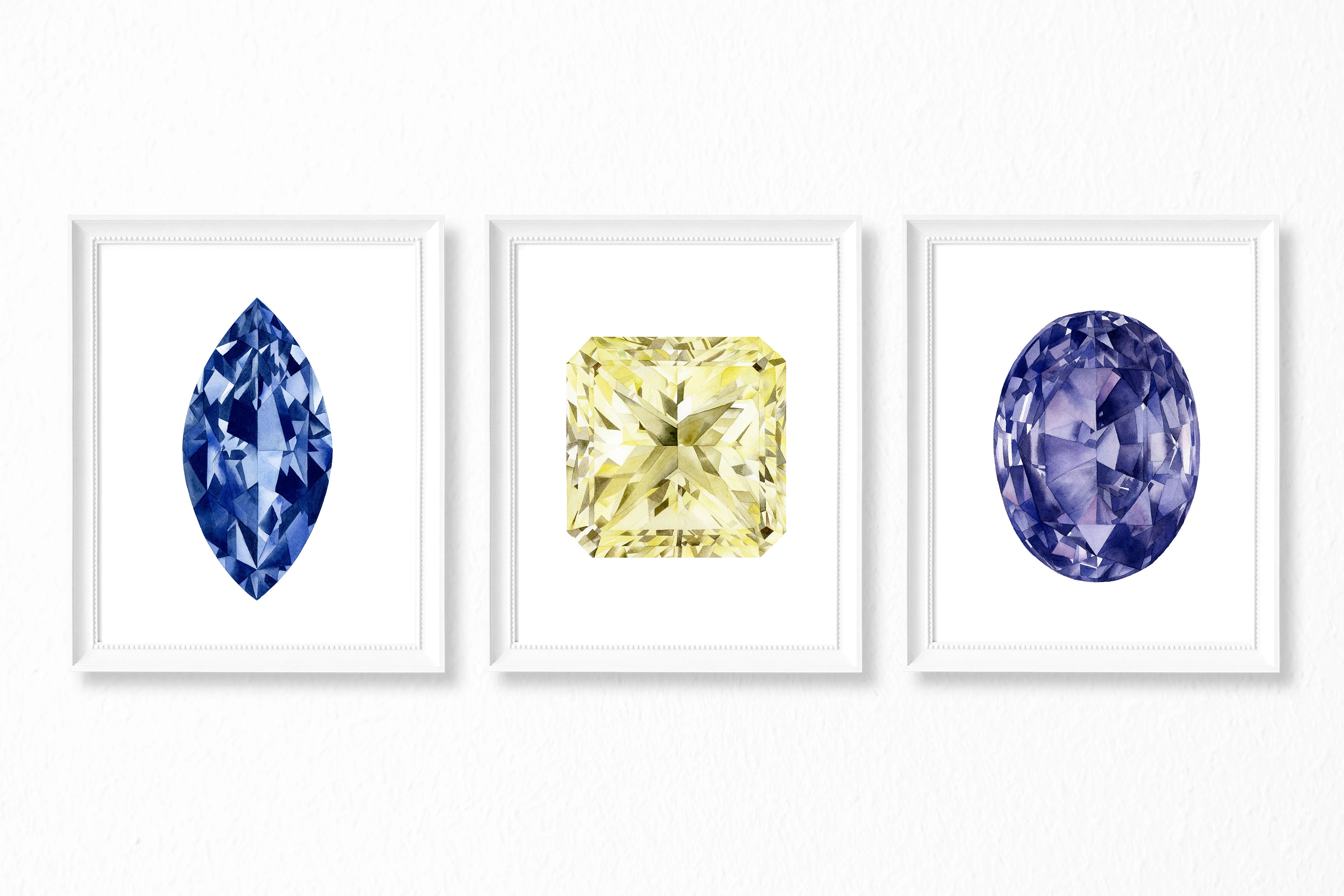 Watercolor Gemstone Paintings - Set of 3 - Sapphire Amethyst Yellow Diamond