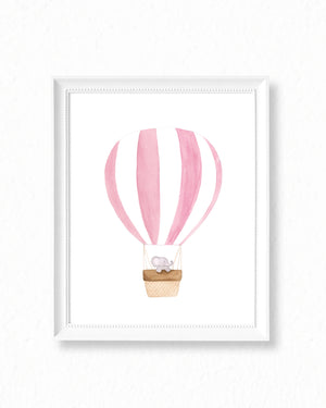 Pink Nursery Watercolor Painting Baby Elephant Traveling in Hot Air Balloon - Art Print
