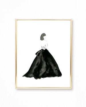 Watercolor Fashion Painting Gown Black and White - Art Print