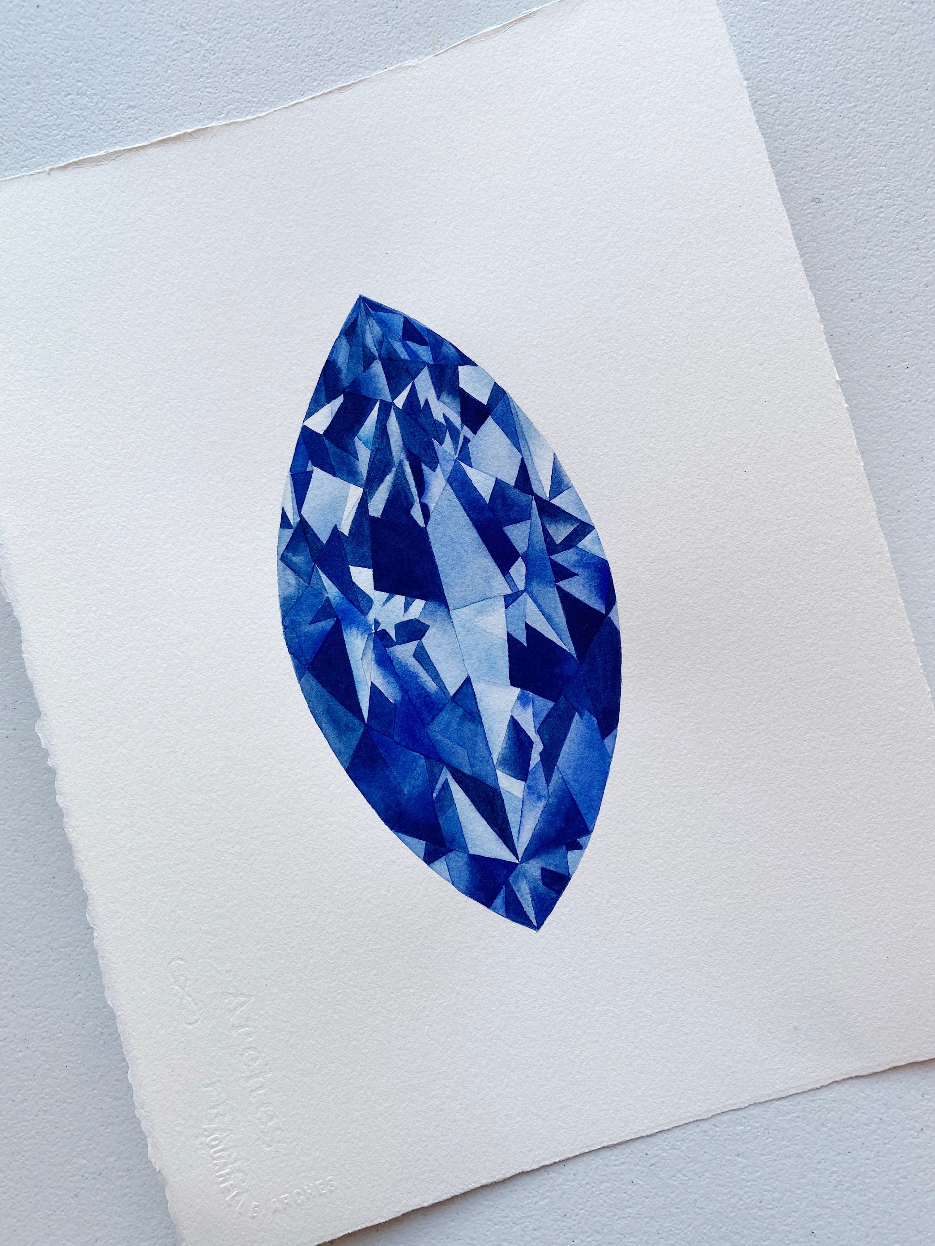 Original Painting - Watercolor Sapphire Marquise Gem 11x15 inches