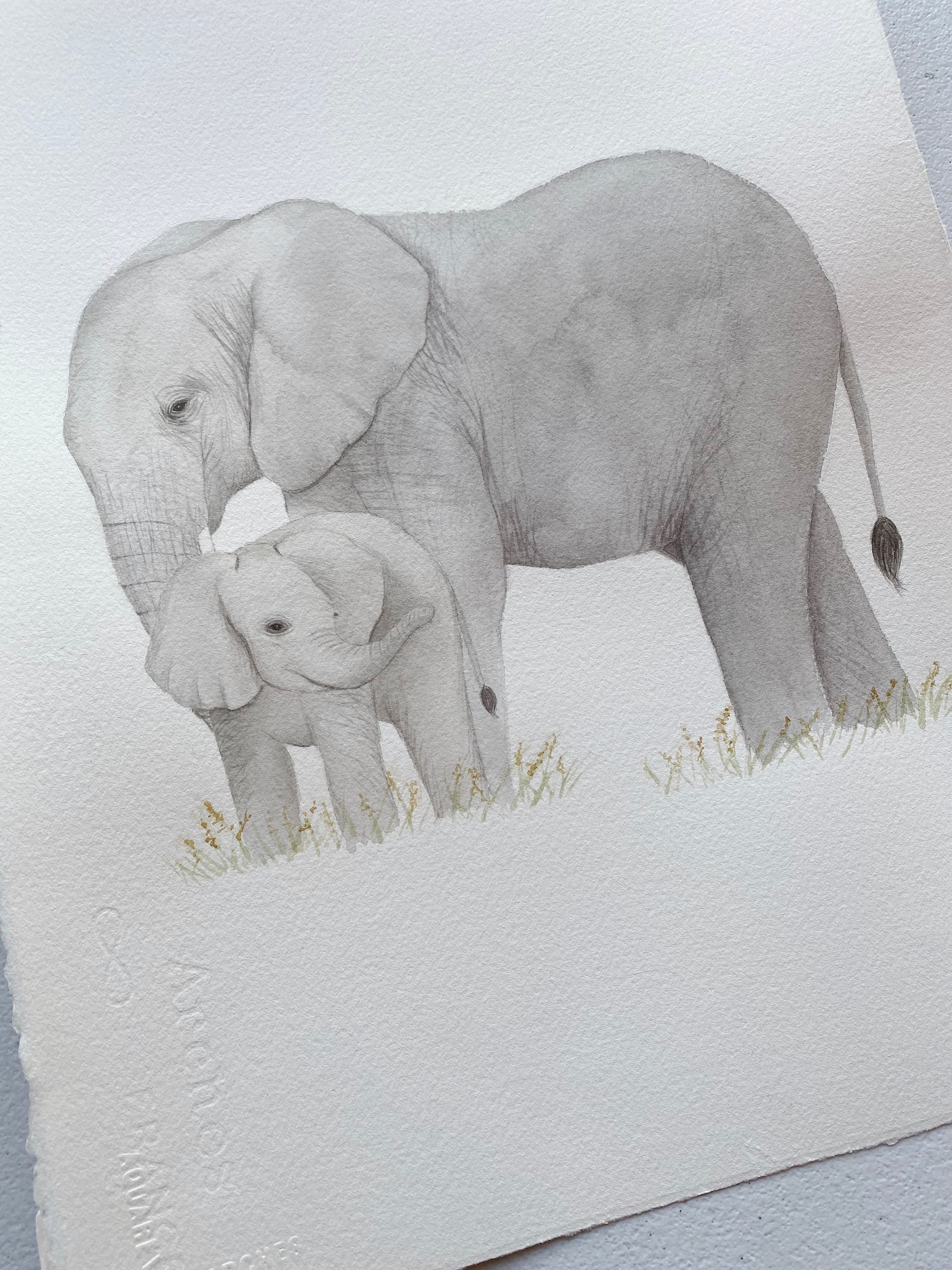 Original Painting - Watercolor Elephant & Baby Painting 11x15 inches