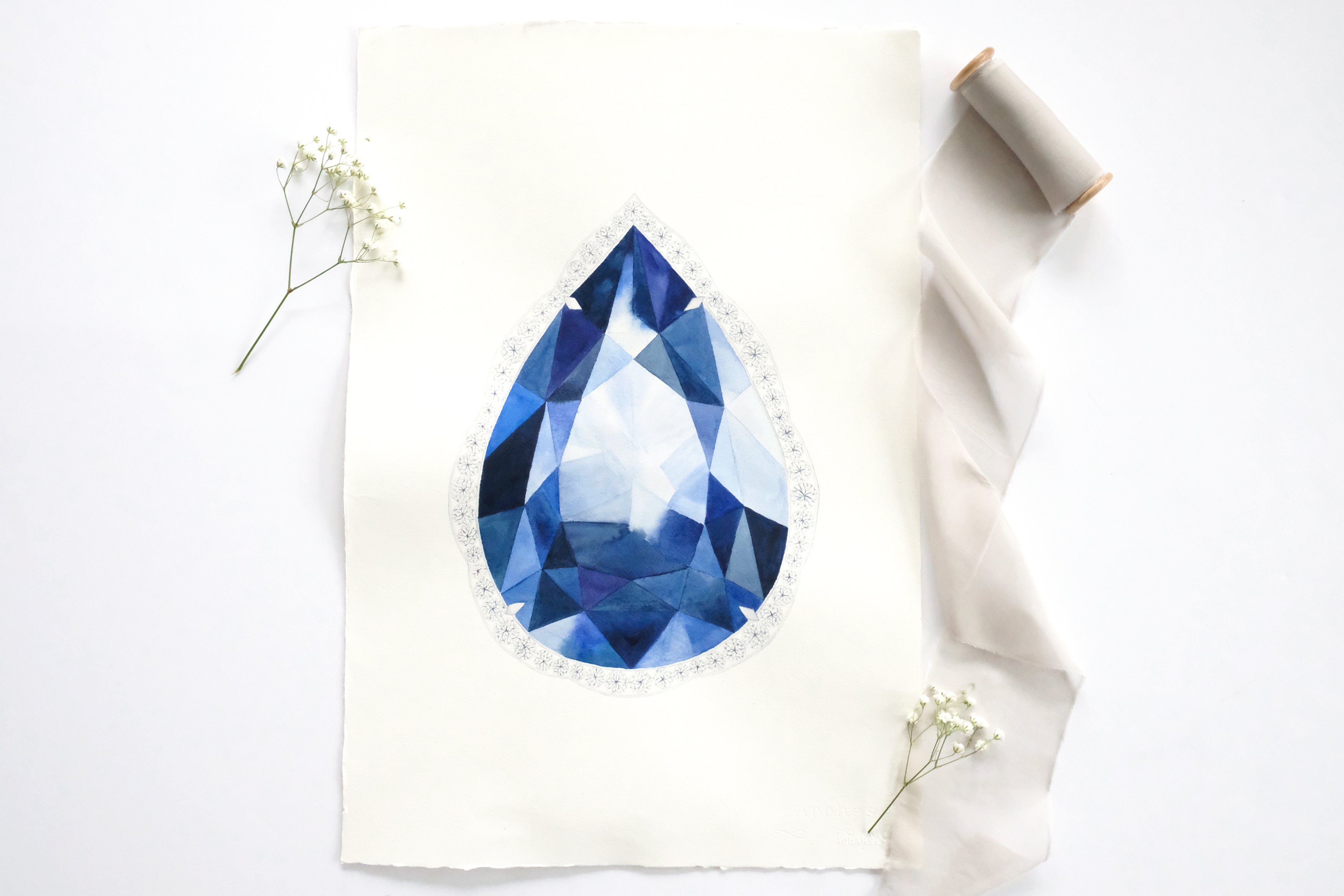 Original Painting - Watercolor Sapphire Pear Gem 15x22 inches